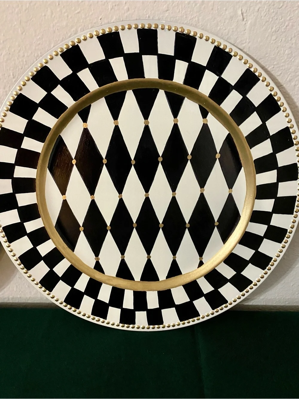 Set of twoMacKenzie Childs inspired Black and White Harlequin chargers